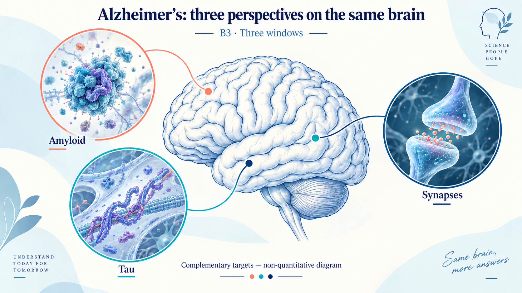 Conceptual illustration: amyloid, tau and synapses are distinct targets. The connecting lines do not indicate specific anatomical locations; this is neither a patient image, a timeline nor a quantitative comparison.