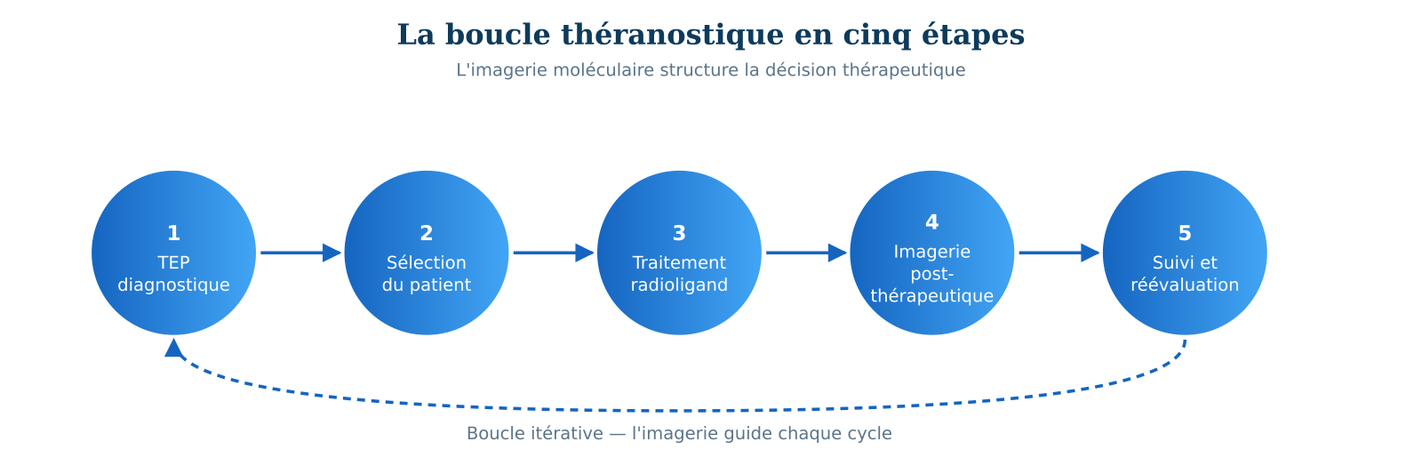 Figure 2 &mdash; La boucle th&eacute;ranostique : imagerie de s&eacute;lection, traitement, v&eacute;rification post-th&eacute;rapeutique.
