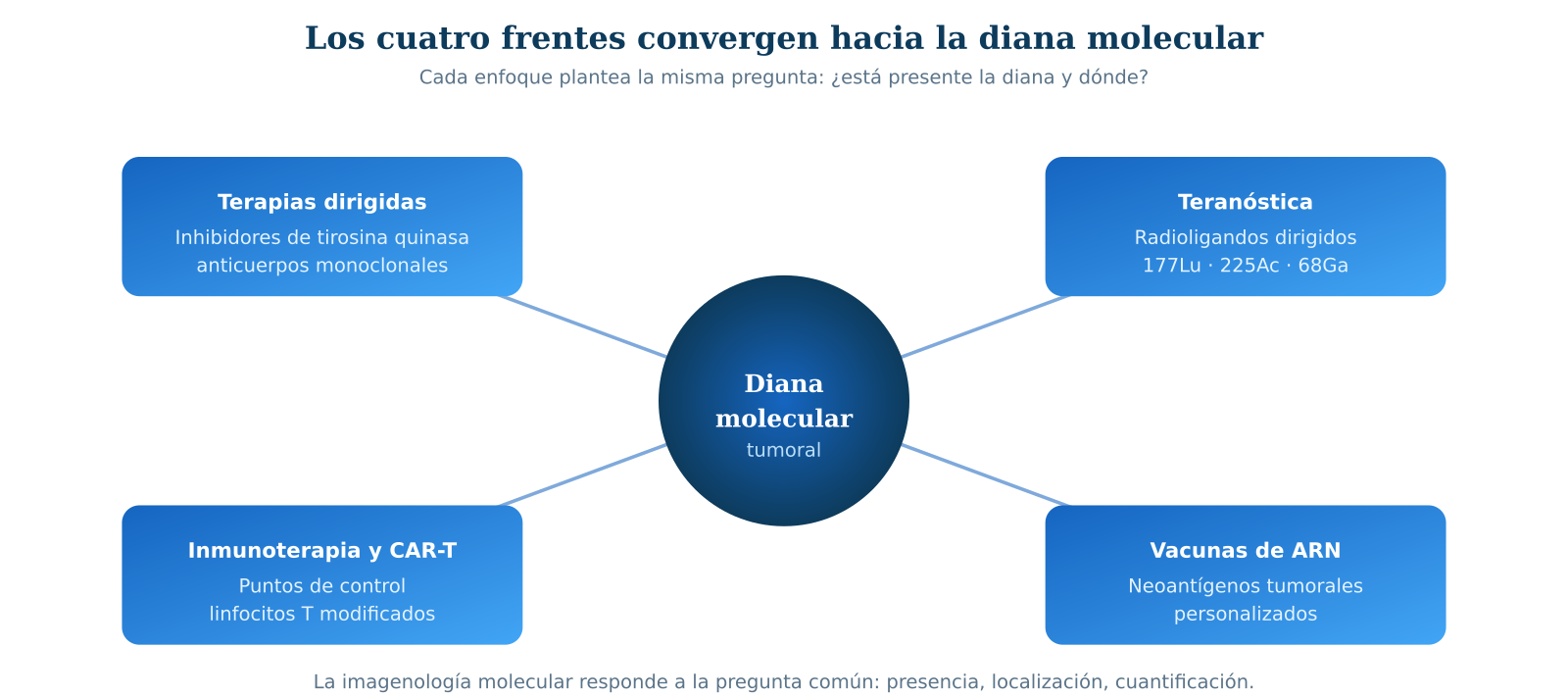 Figura 3 &mdash; Los cuatro frentes de la oncolog&iacute;a de precisi&oacute;n convergen hacia una misma diana molecular. Cada enfoque plantea la misma pregunta: &iquest;est&aacute; presente la diana y d&oacute;nde? La imagenolog&iacute;a molecular responde a ello.