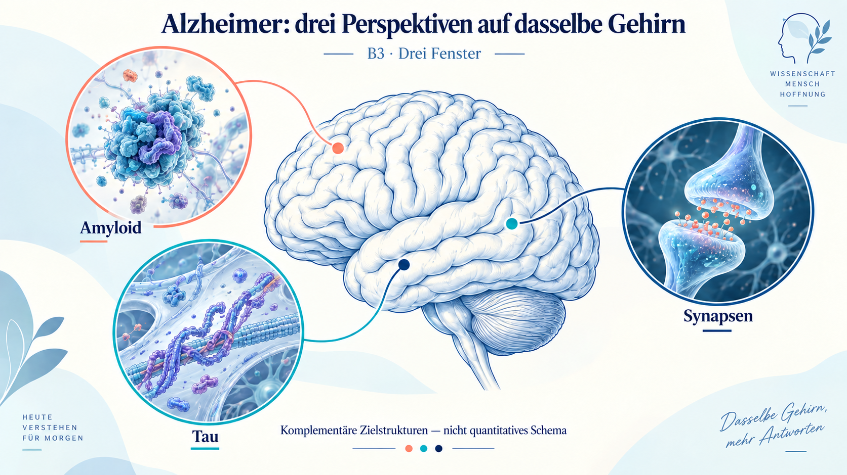 Konzeptionelle Darstellung: Amyloid, Tau und Synapsen sind unterschiedliche Zielstrukturen. Die Verbindungslinien bezeichnen keine spezifischen anatomischen Orte; es handelt sich weder um ein Patientenbild noch um eine zeitliche Abfolge oder einen quantitativen Vergleich.