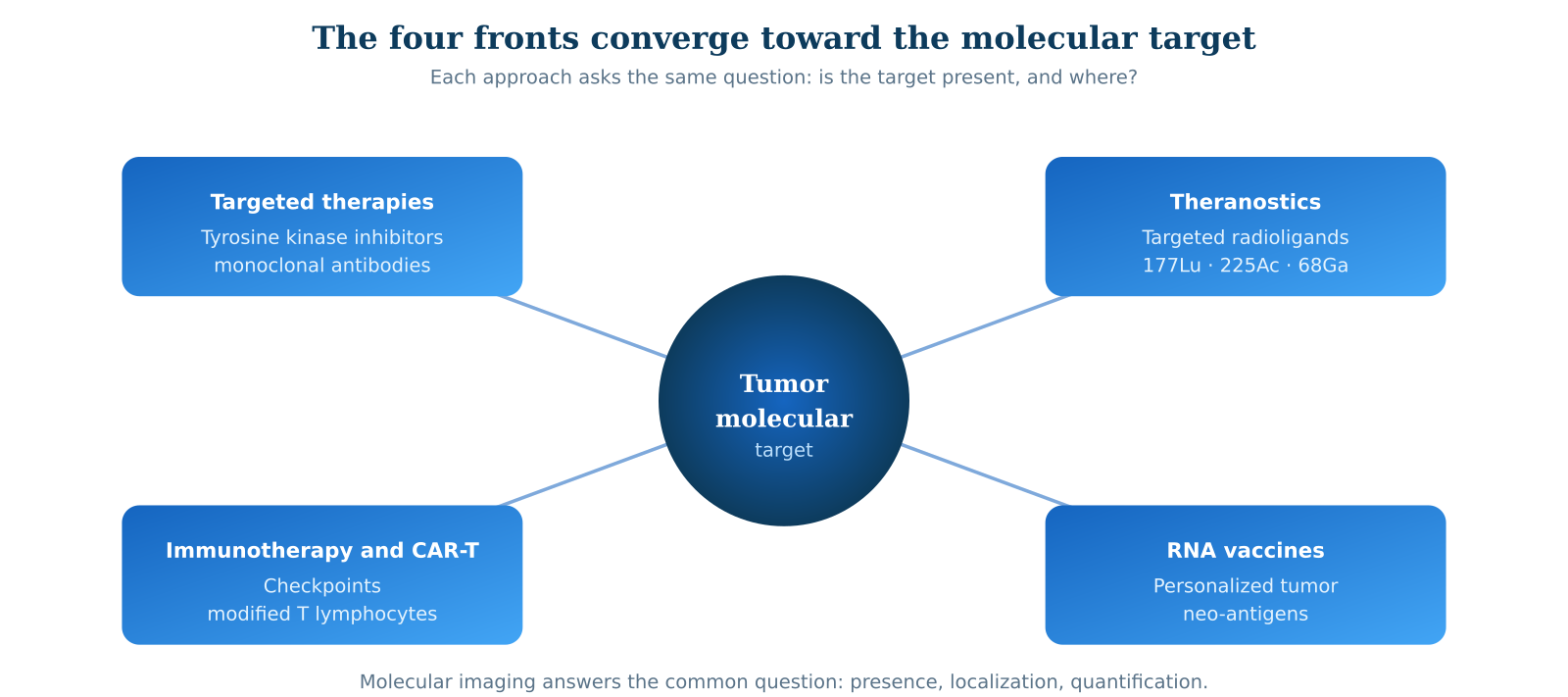 Figure 3 &mdash; The four fronts of precision oncology converge toward a single molecular target. Each approach asks the same question: is the target present, and where? Molecular imaging provides the answer.