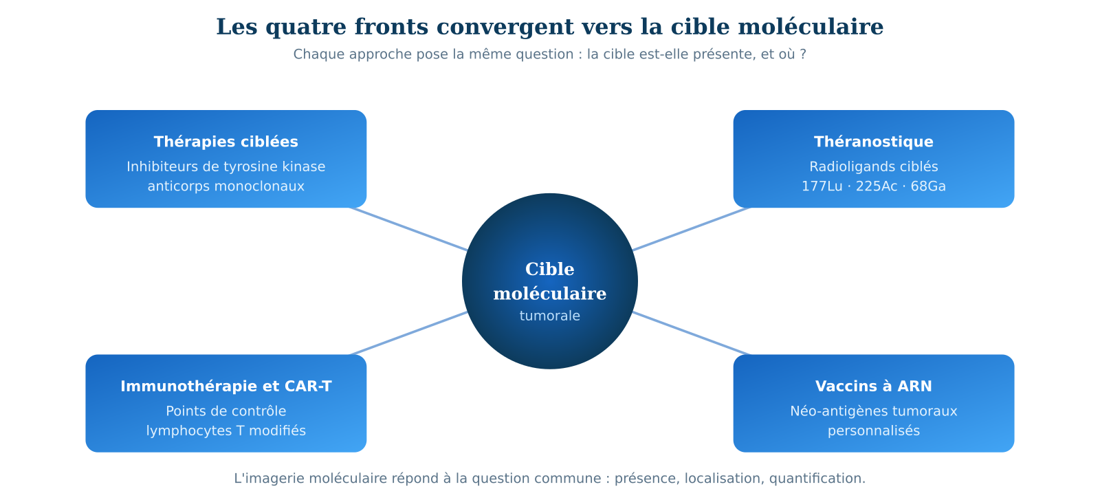 Figure 3 &mdash; Les quatre fronts de l'oncologie de pr&eacute;cision convergent vers une m&ecirc;me cible mol&eacute;culaire. Chaque approche pose la m&ecirc;me question : la cible est-elle pr&eacute;sente, et o&ugrave; ? L'imagerie mol&eacute;culaire y r&eacute;pond.