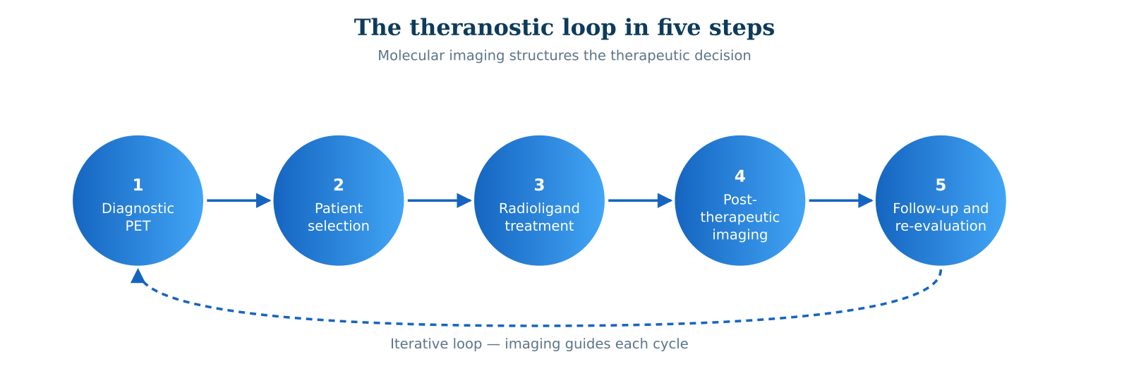 Figure 2 &mdash; The theranostic loop: selection imaging, treatment, post-therapeutic verification.