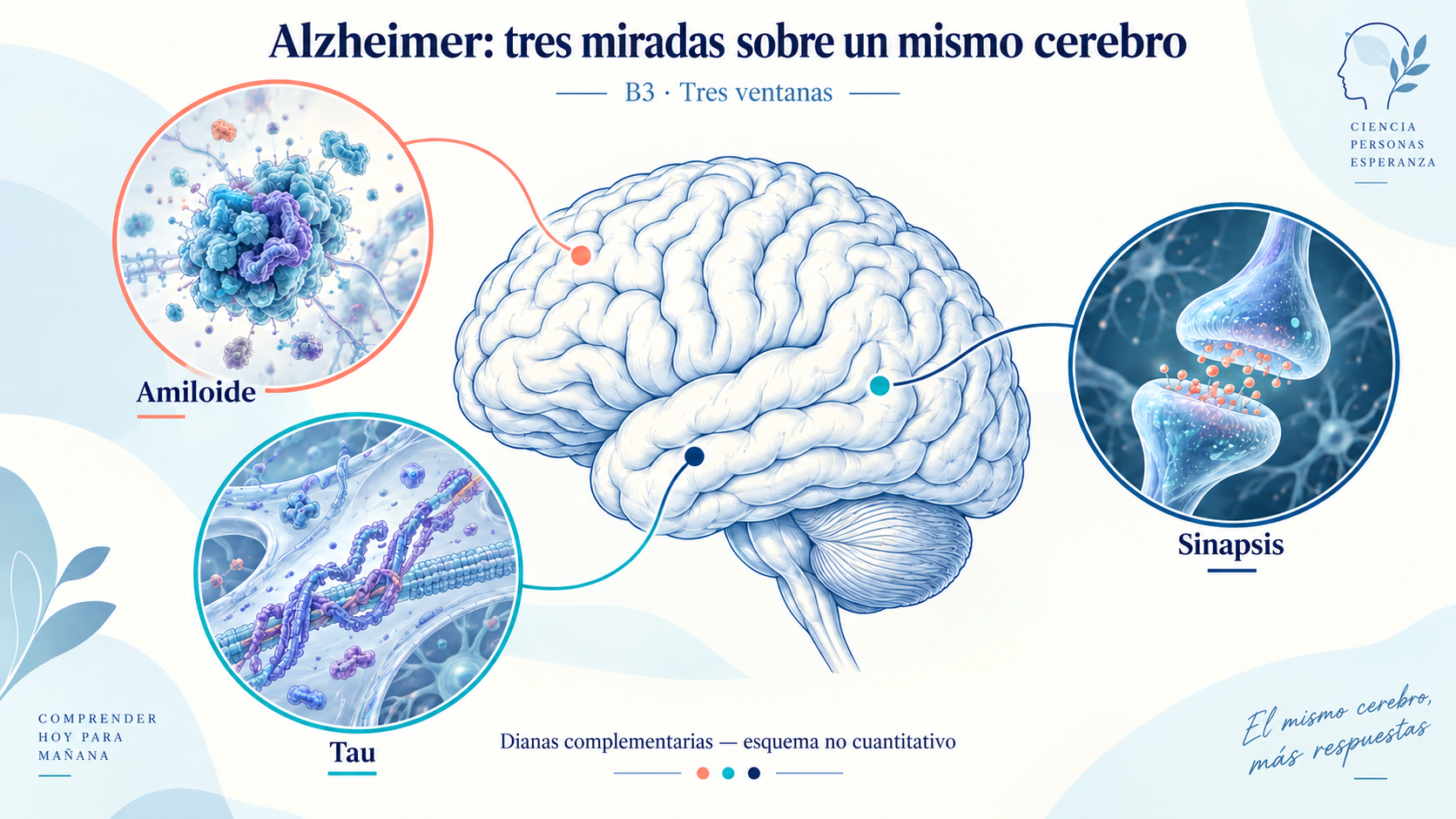 Ilustraci&oacute;n conceptual: amiloide, tau y sinapsis son dianas distintas. Las l&iacute;neas de conexi&oacute;n no indican localizaciones anat&oacute;micas espec&iacute;ficas; no se trata de una imagen de paciente, una cronolog&iacute;a ni una comparaci&oacute;n cuantitativa.