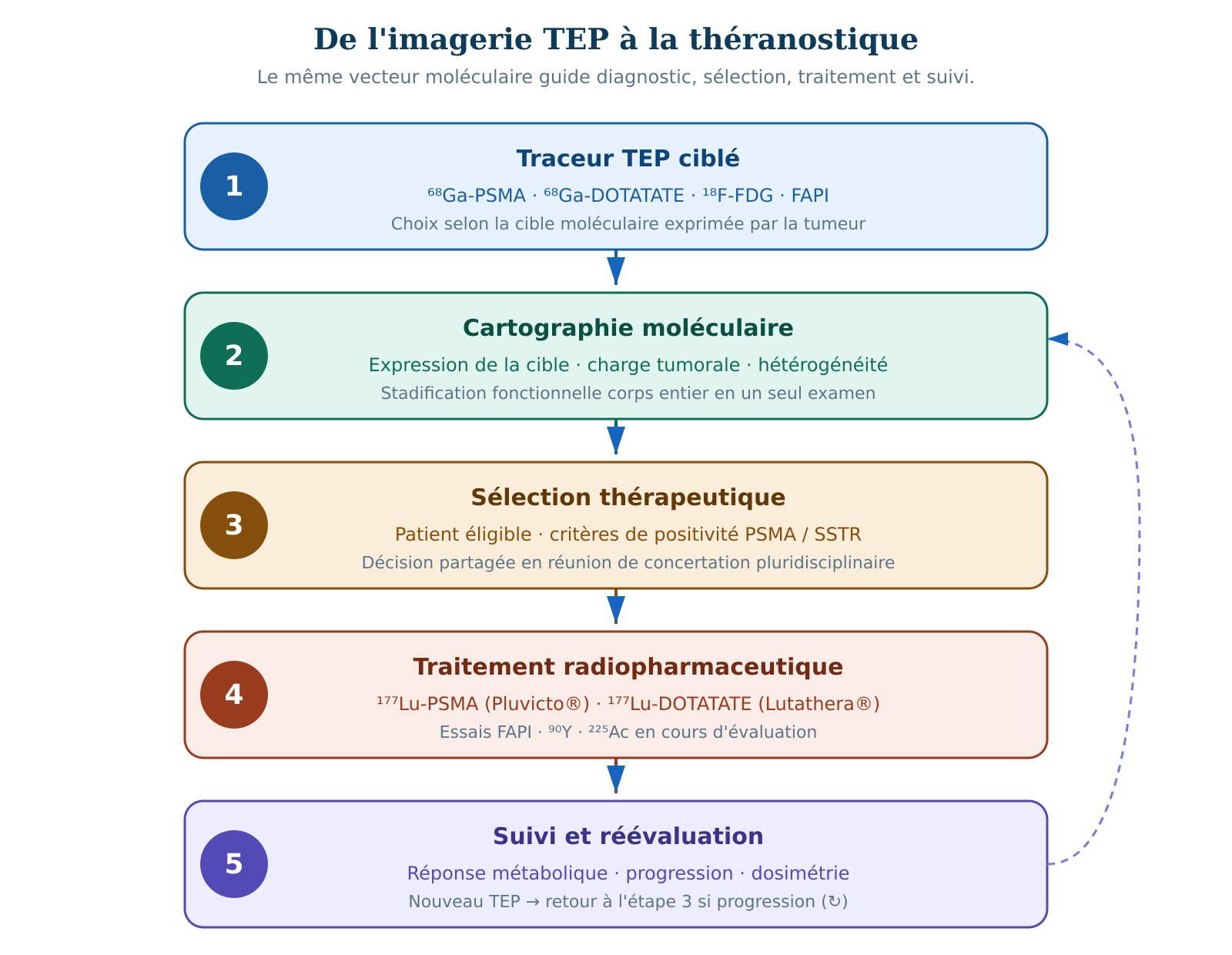 Figure 2 &mdash; The five-step theranostic pipeline. PET is no longer just a staging tool: it has become a therapeutic decision tool structuring care pathways in precision oncology.