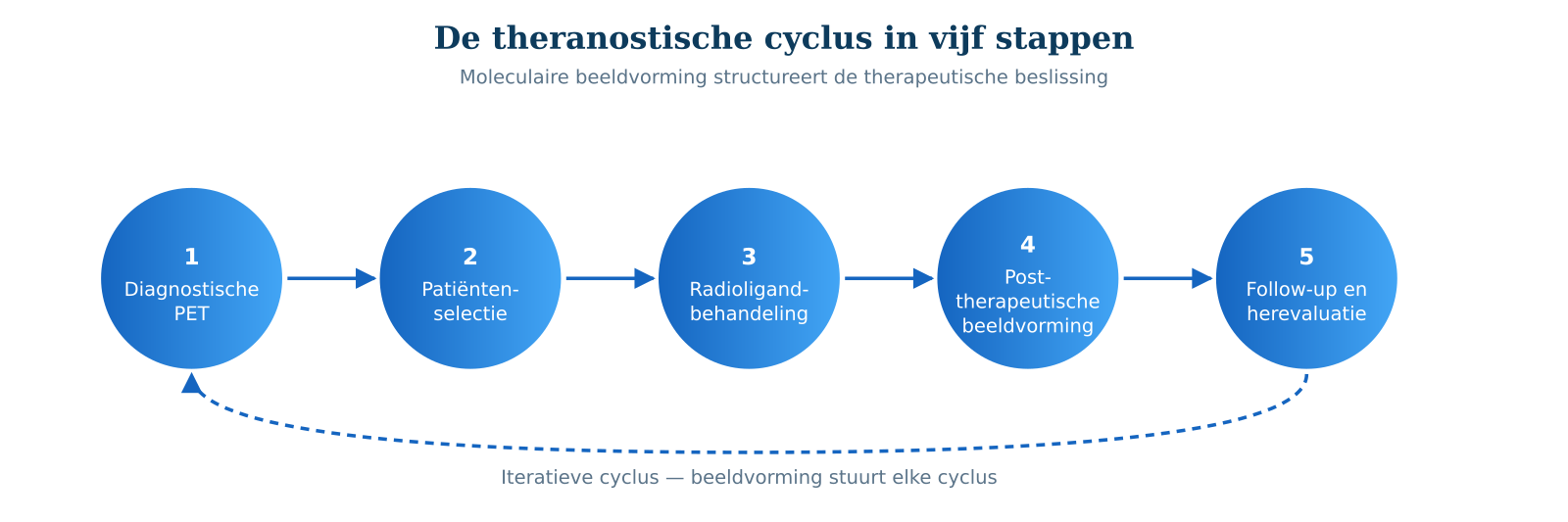 Figuur 2 &mdash; De theranostische cyclus: selectiebeeldvorming, behandeling, post-therapeutische verificatie.